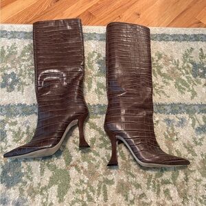 Aqua leather Croc-Embossed Knee-High Boots made in Brazil